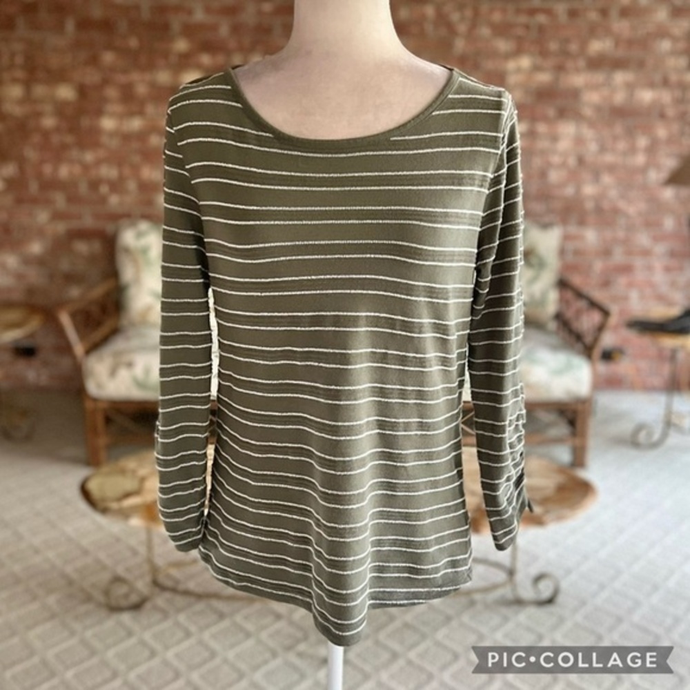 Talbots Top Sage Green Striped Ruched Sleeve Knit S Casual